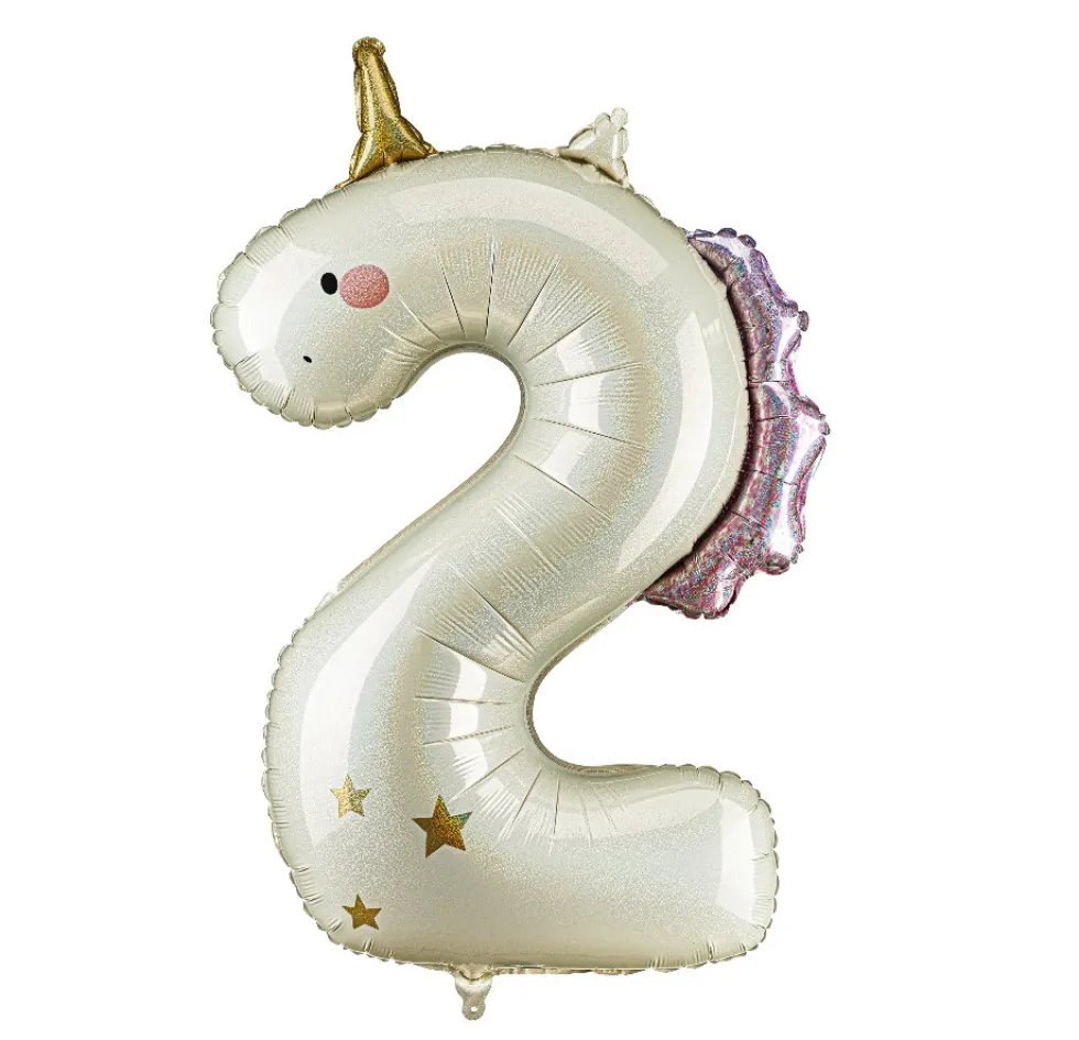 Balon foliowy Cyfra 2 Jednorożec - kremowy holo 93 cm