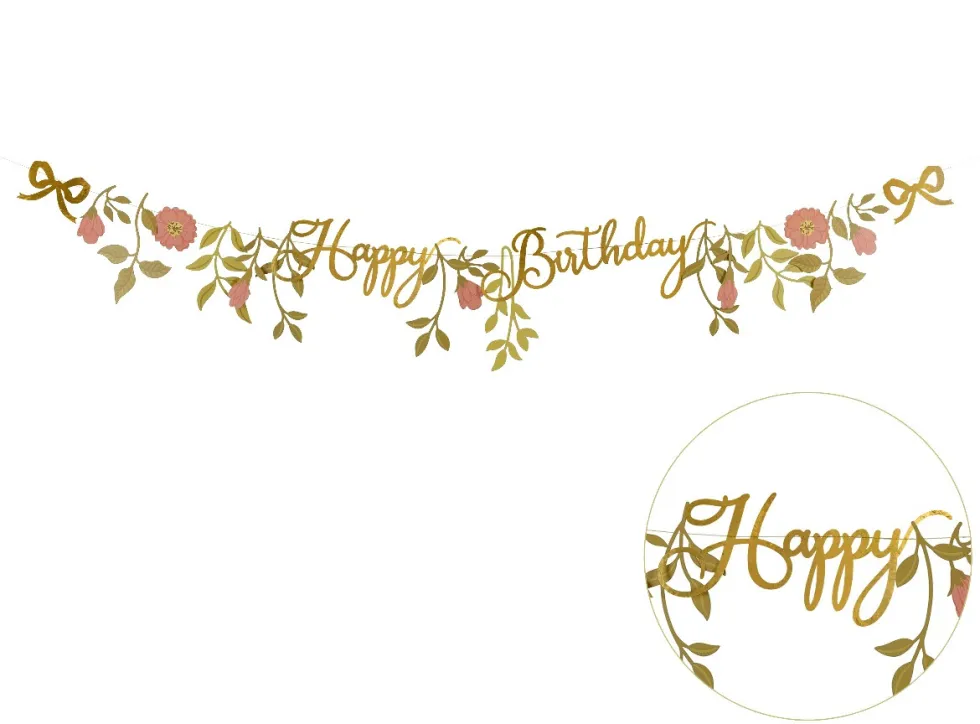 Baner Happy Birthday Kwiaty - złoty, 18,3 cm x 1,3 m