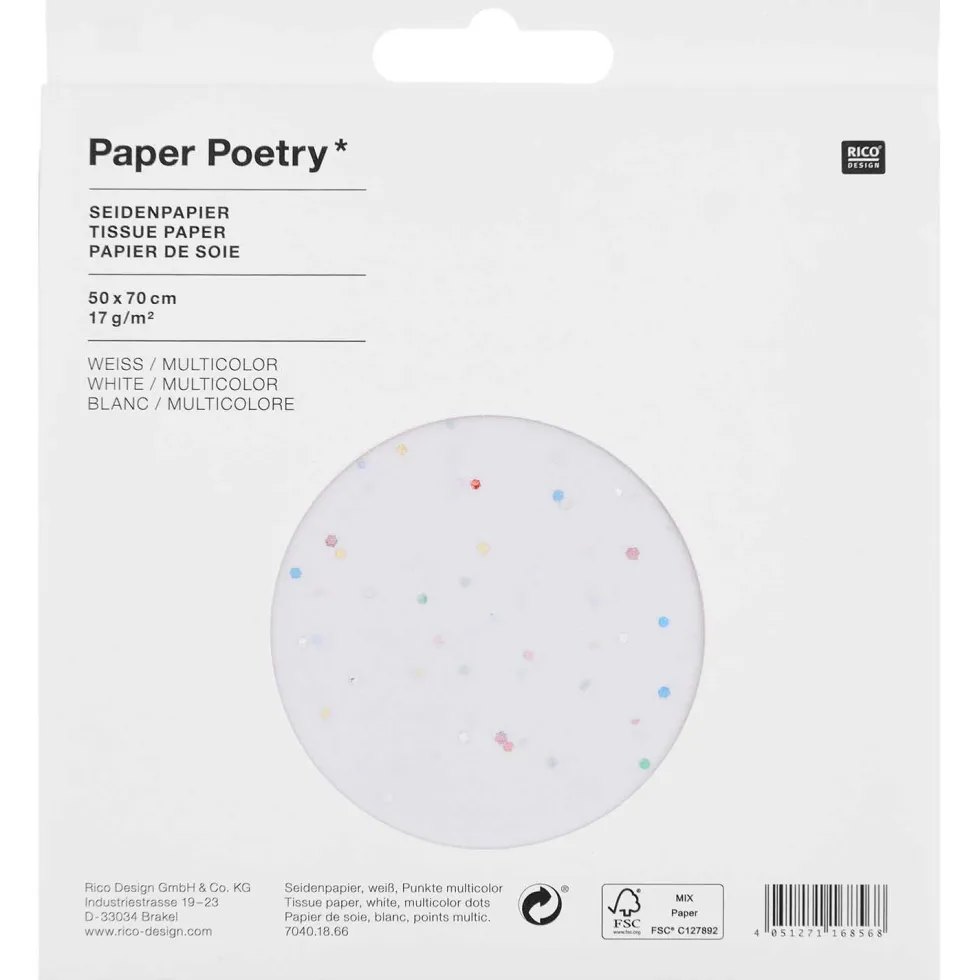 Bibuła do pakowania prezentów - Paper Poetry - biała w kolorowe kropki, 5 szt.