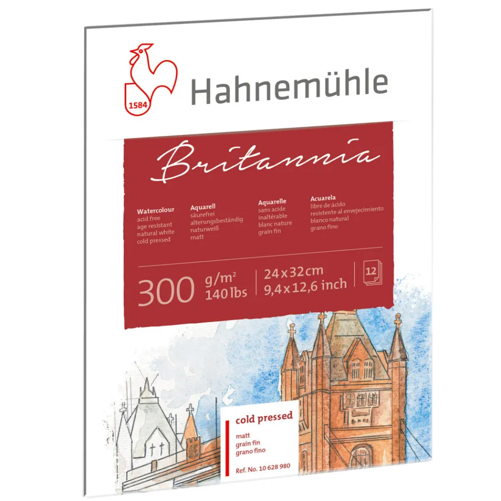 Blok do akwareli Britannia - Hahnemühle - cold pressed, 24 x 32 cm, 300 g, 12 ark.