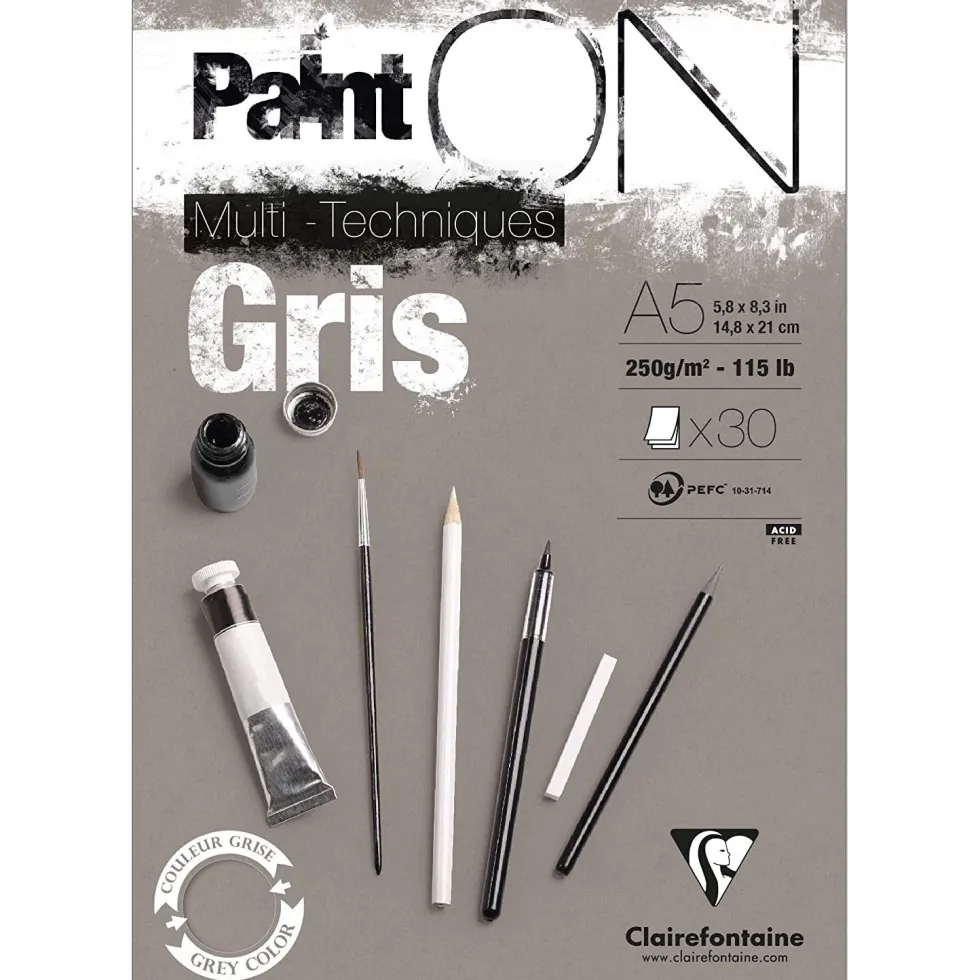 Blok uniwersalny Paint'On Mixed Media - Clairefontaine - szary, A5, 250g, 30 ark.