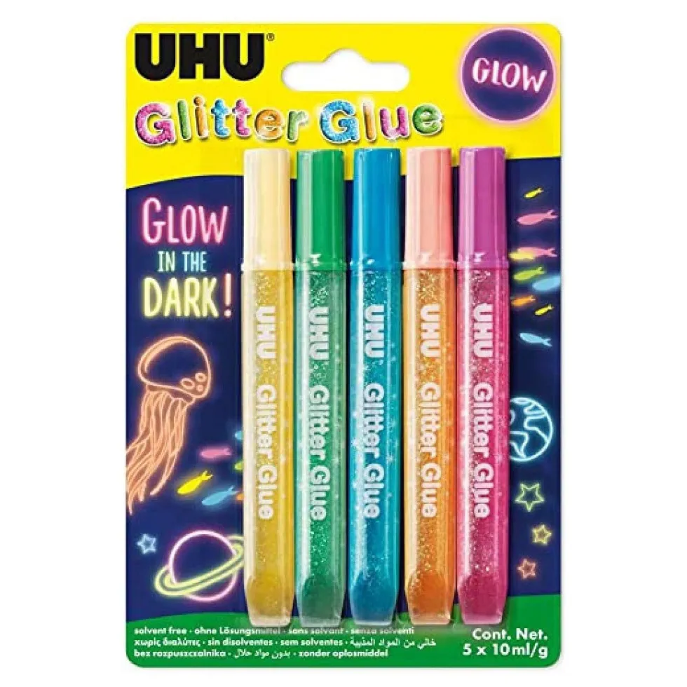 Brokat w kleju świecący w ciemności - UHU - 5 kolorów x 10 ml