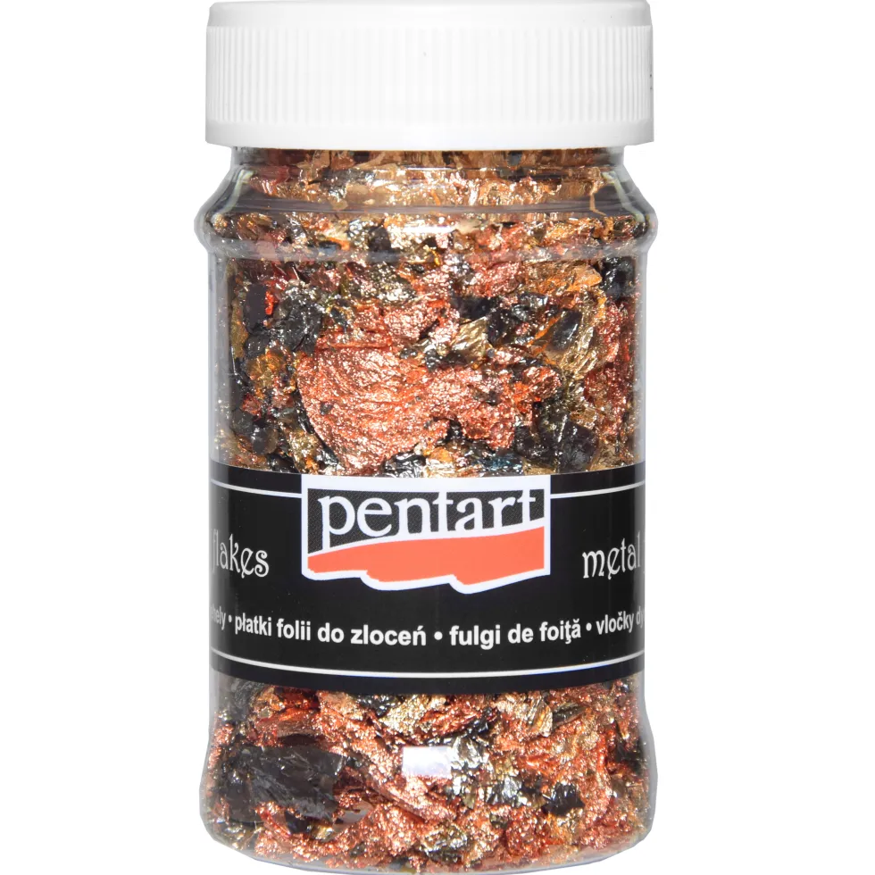 Folia do złoceń w płatkach Metal Flakes - Pentart - złoto, miedź i zieleń, 100 ml