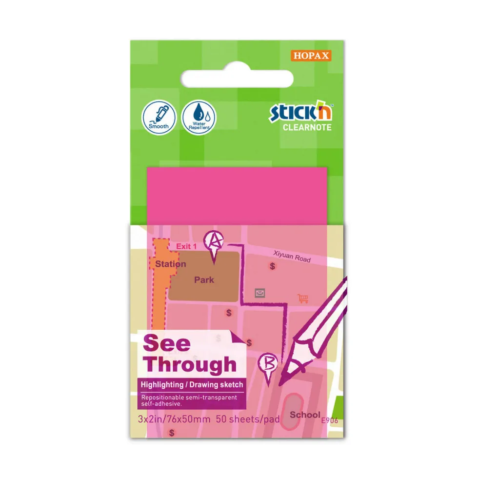 Karteczki samoprzylepne przezroczyste Stick'N - różowe, 76 x 51 mm, 50 szt.