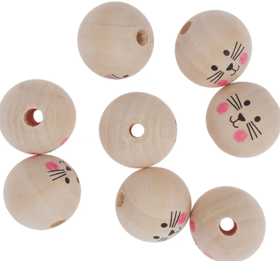 Koraliki drewniane kulki, Kocie buźki - DpCraft - naturalne, 3 cm, 8 szt.