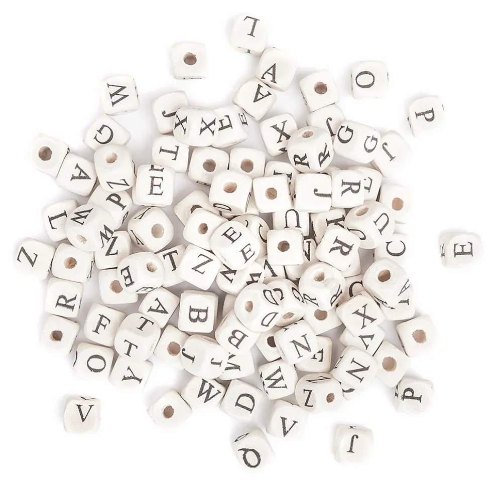 Koraliki drewniane litery - DpCraft - naturalne, 10 mm, 100 szt.