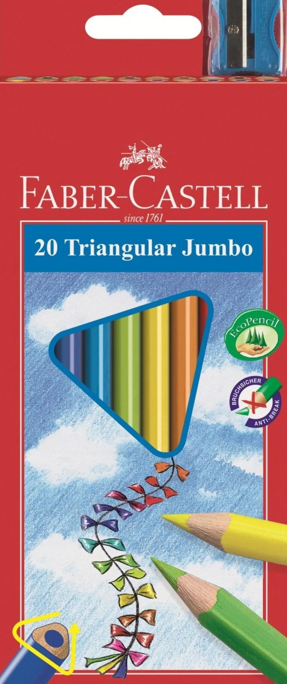 Kredki trójkątne Jumbo + temperówka - Faber-Castell - 20 kolorów