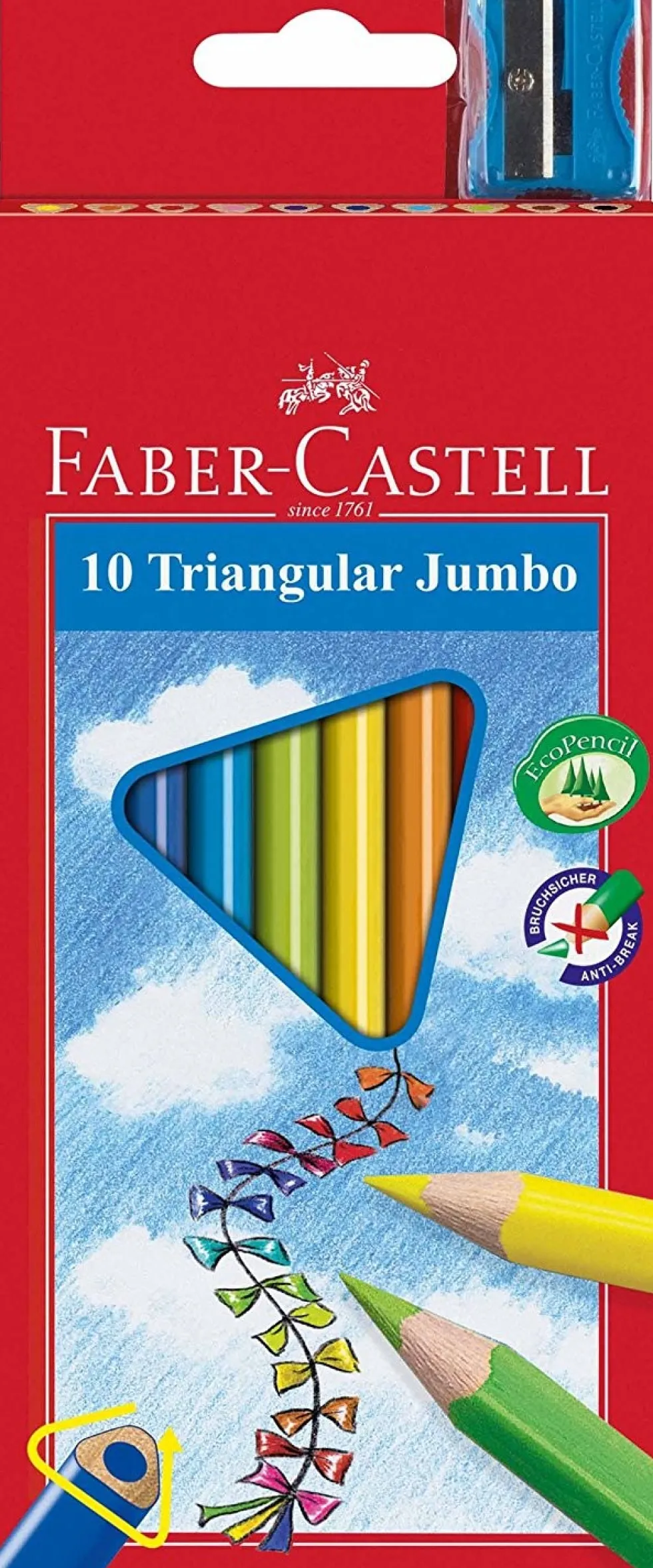 Kredki trójkątne Jumbo + temperówka - Faber-Castell - 10 kolorów
