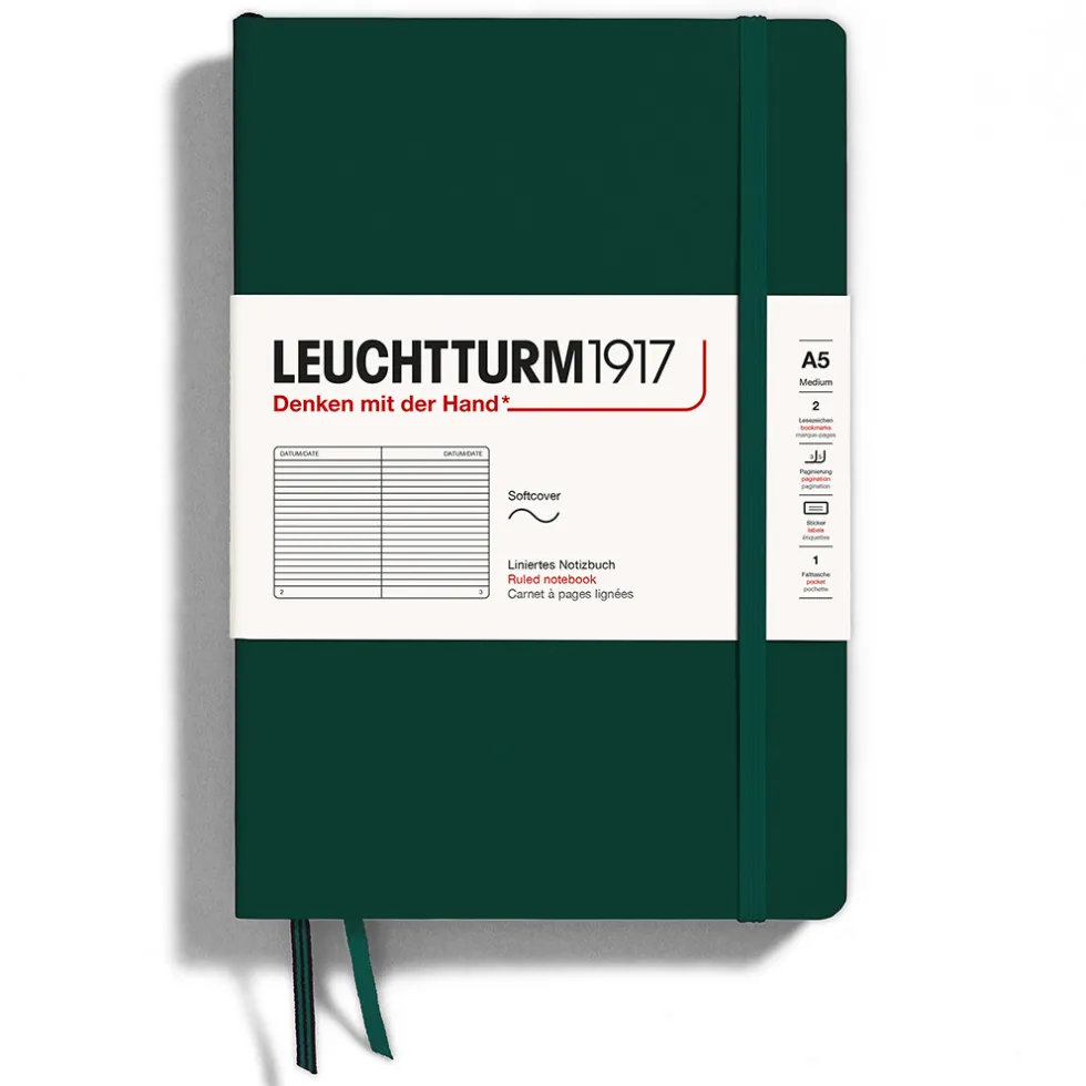 Notatnik A5 - Leuchtturm1917 - w linie, miękka okładka, Forest Green, 80 g/m2