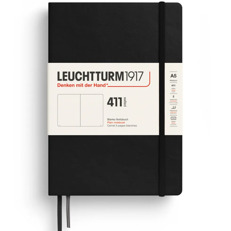 Notatnik 411 gładki A5 - Leuchtturm1917 - Black, twarda okładka