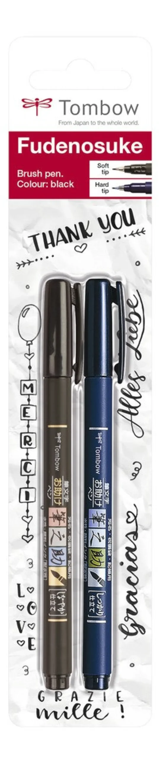Pisaki do kaligrafii Fudenosuke Brush Pen - Tombow - miękki i twardy, czarne, 2 szt.