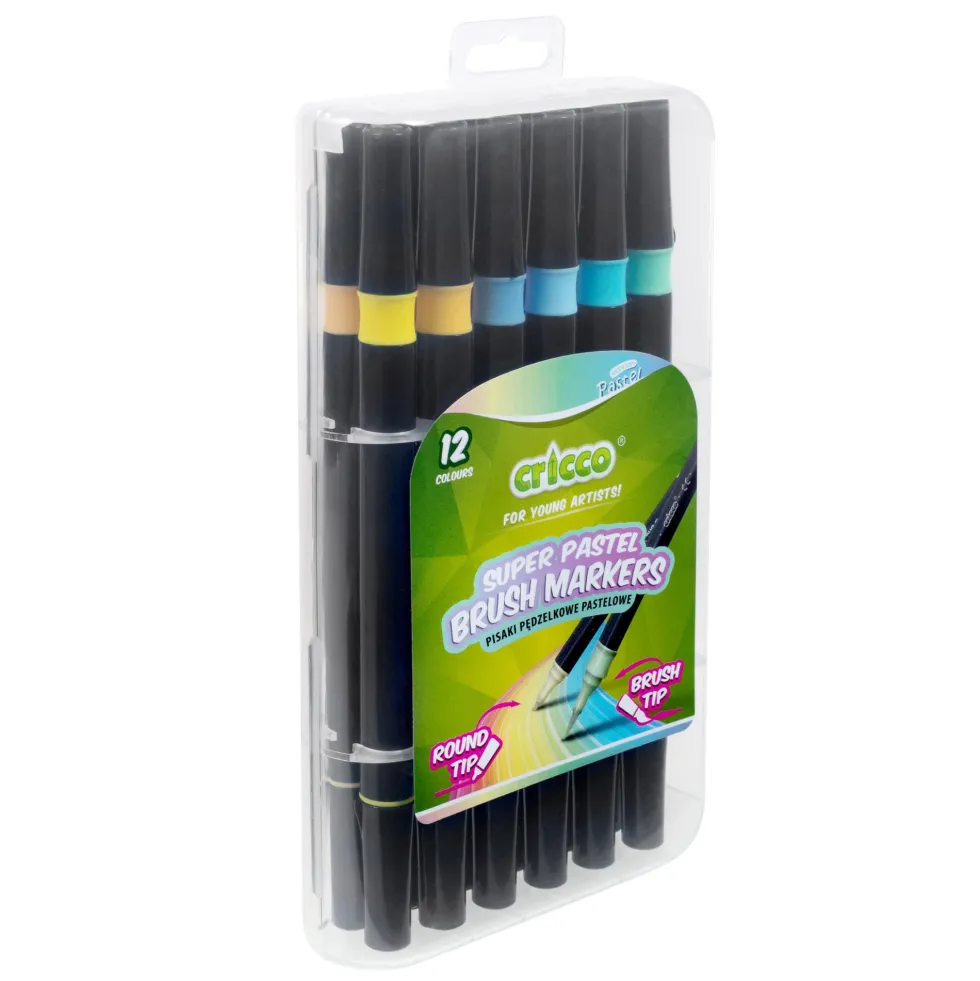 Pisaki pędzelkowe dwustronne - Cricco - pastelowe, 12 kolorów