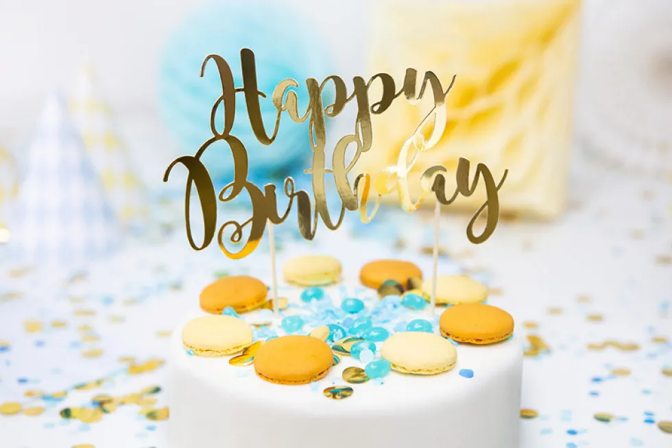Topper na tort Happy Birthday - złoty, 22,5 cm