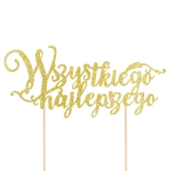 Topper na tort Wszystkiego Najlepszego - złoty, 14 x 19 cm