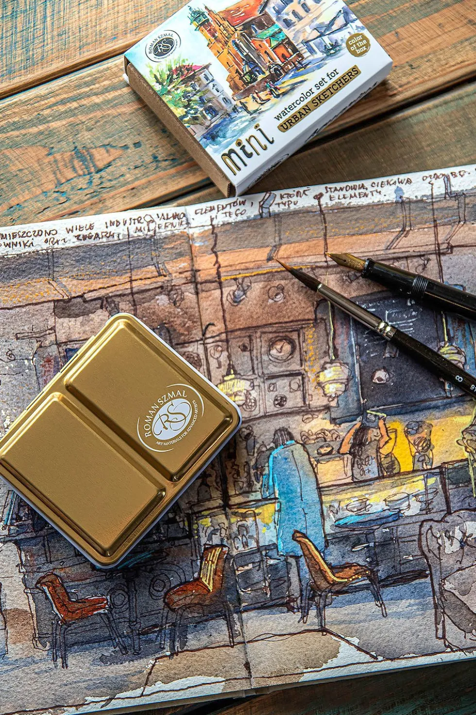 Zestaw akwareli Aquarius w półkostkach Mini Urban Sketchers - Roman Szmal - Pink, 8 kolorów