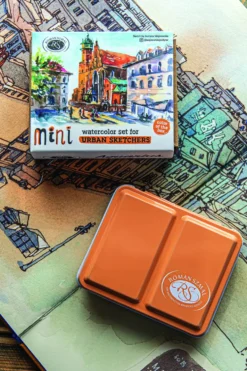 Zestaw akwareli Aquarius w półkostkach Mini Urban Sketchers - Roman Szmal - Gold, 8 kolorów