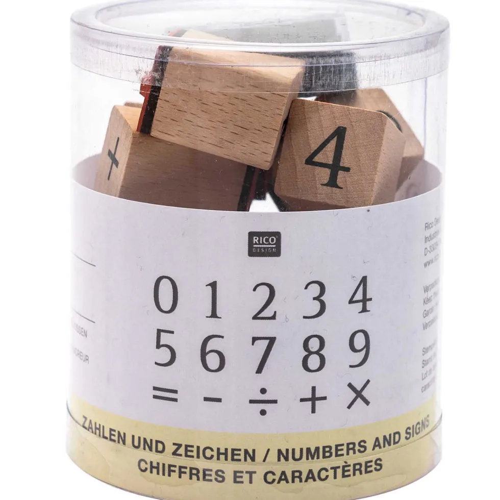Zestaw drewnianych stempli - Rico Design - numery i znaki, 15 szt.