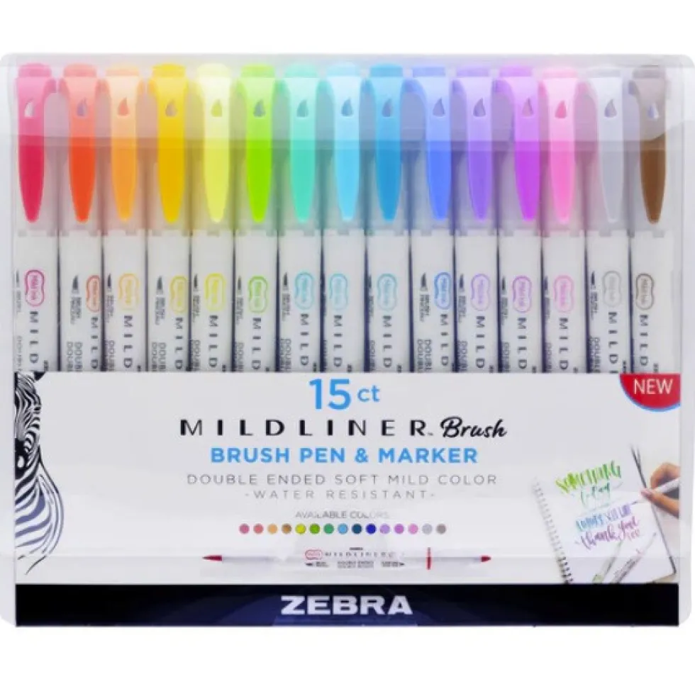 Zestaw dwustronnych zakreślaczy Mildliner Brush - Zebra - 15 kolorów