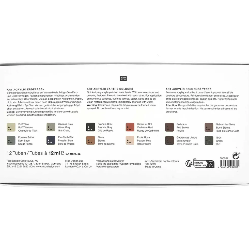 Zestaw farb akrylowych ART Earthy Colors - Rico Design - 12 kolorów x 12 ml