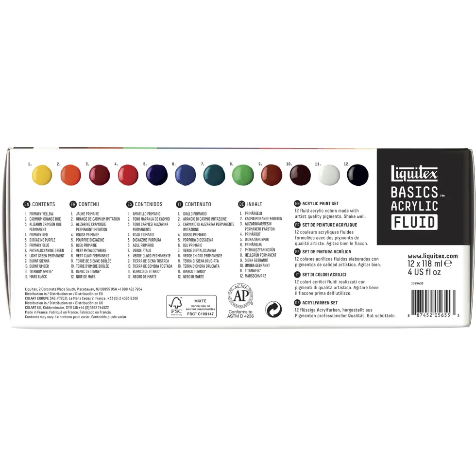 Zestaw farb Basics Acrylic Fluid - Liquitex - 12 kolorów x 118 ml