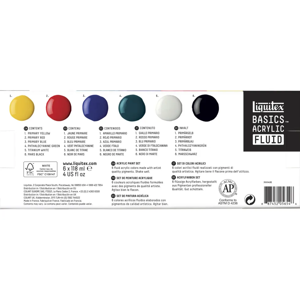 Zestaw farb Basics Acrylic Fluid - Liquitex - 6 kolorów x 118 ml