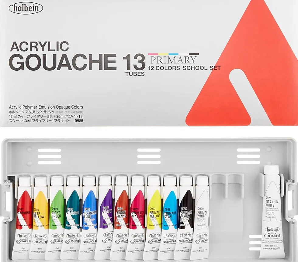 Zestaw farb gwaszy Acryla Gouache School Set - Holbein - Primary Colors, 13 kolorów