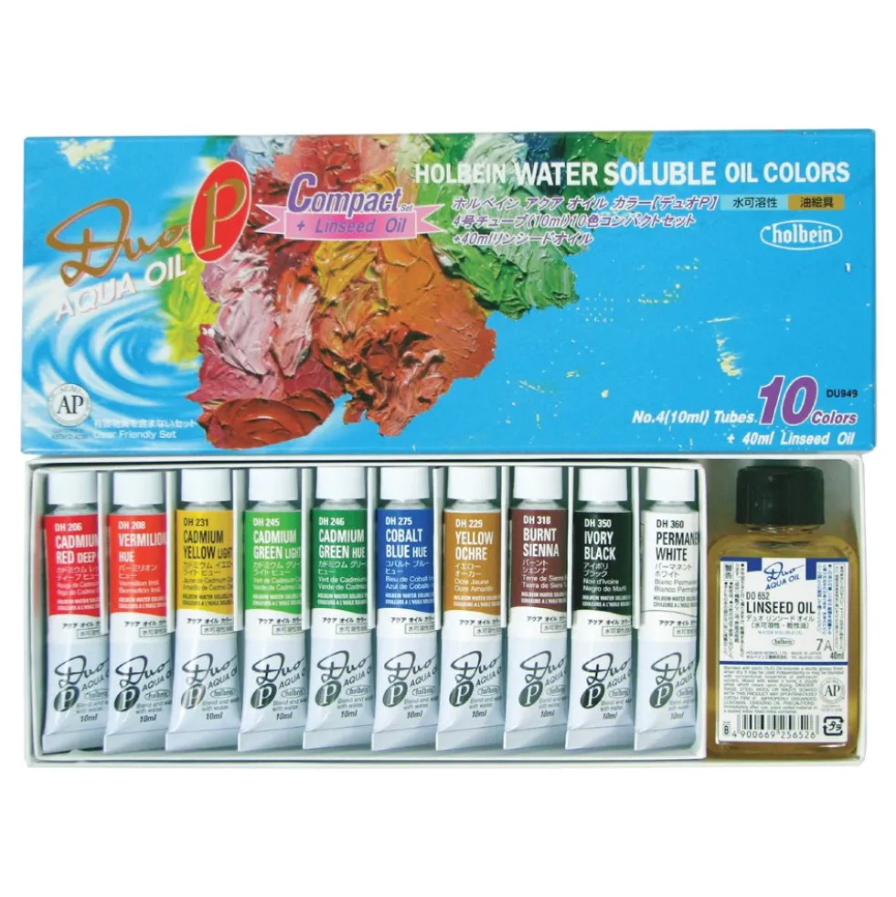 Zestaw farb olejnych Duo Aqua Oil + olej lniany - Holbein - 10 kolorów x 10 ml