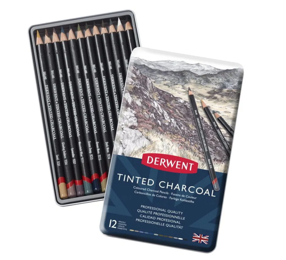Zestaw kolorowych węgli w kredce Tinted Charcoal - Derwent - 12 szt.