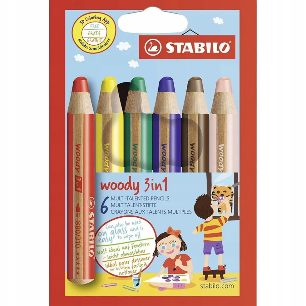 Zestaw kredek dla dzieci Woody 3 w 1 - Stabilo - 6 kolorów