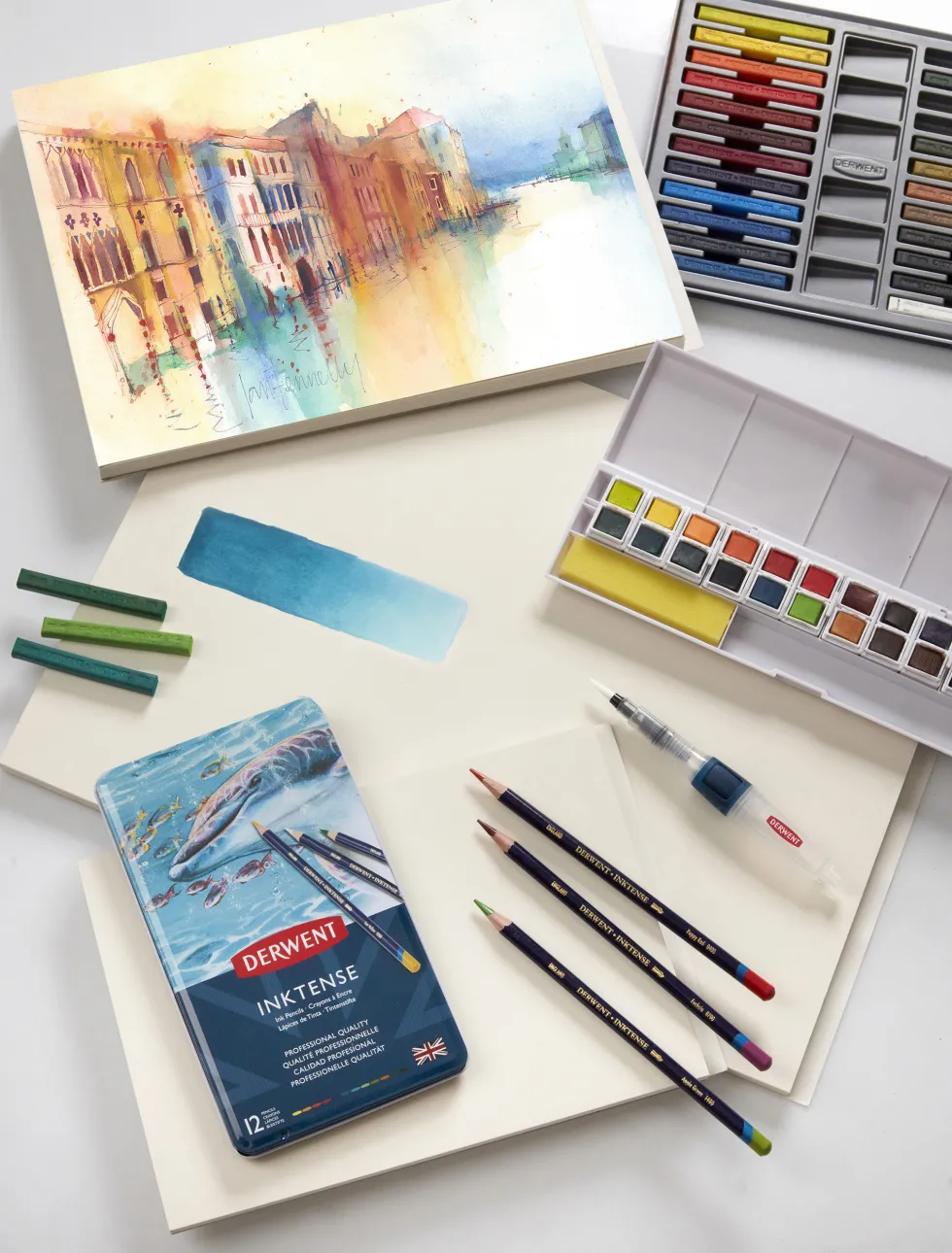 Zestaw kredek Inktense w metalowej kasecie - Derwent - 12 kolorów