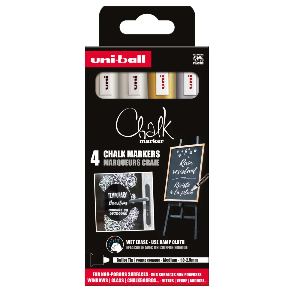 Zestaw markerów kredowych do tablic Chalk - Uni - Metallic, 4 kolory