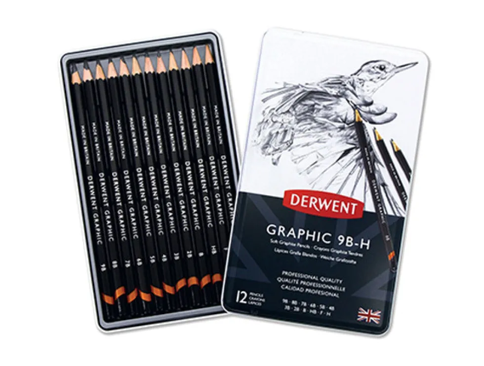 Zestaw ołówków technicznych Graphic w metalowym etui - Derwent - soft, 12 szt.