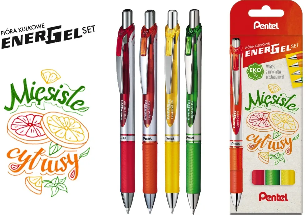 Zestaw piór kulkowych EnerGel - Pentel - Mięsiste Cytrusy, 0,7 mm, 4 szt.