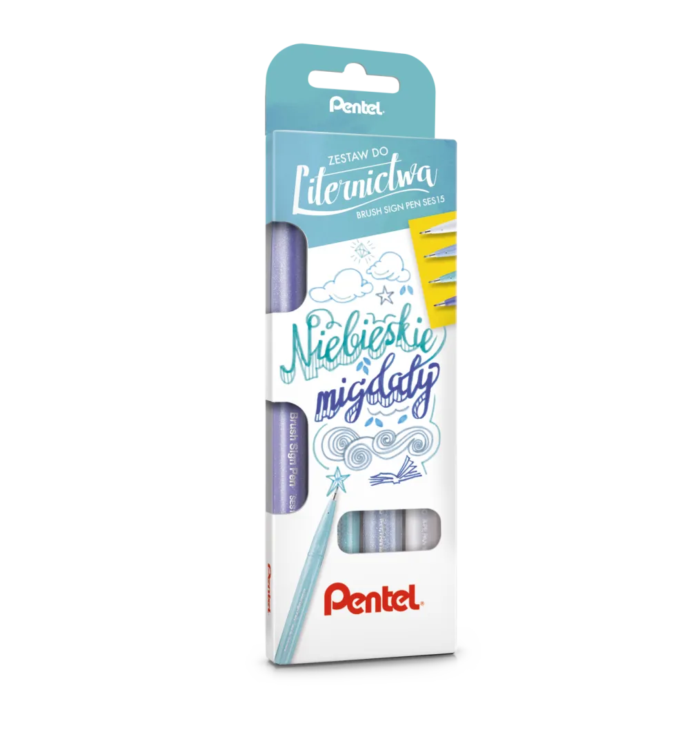 Zestaw pisaków artystycznych Brush Sign Pen - Pentel - Niebieskie migdały, 4 szt.