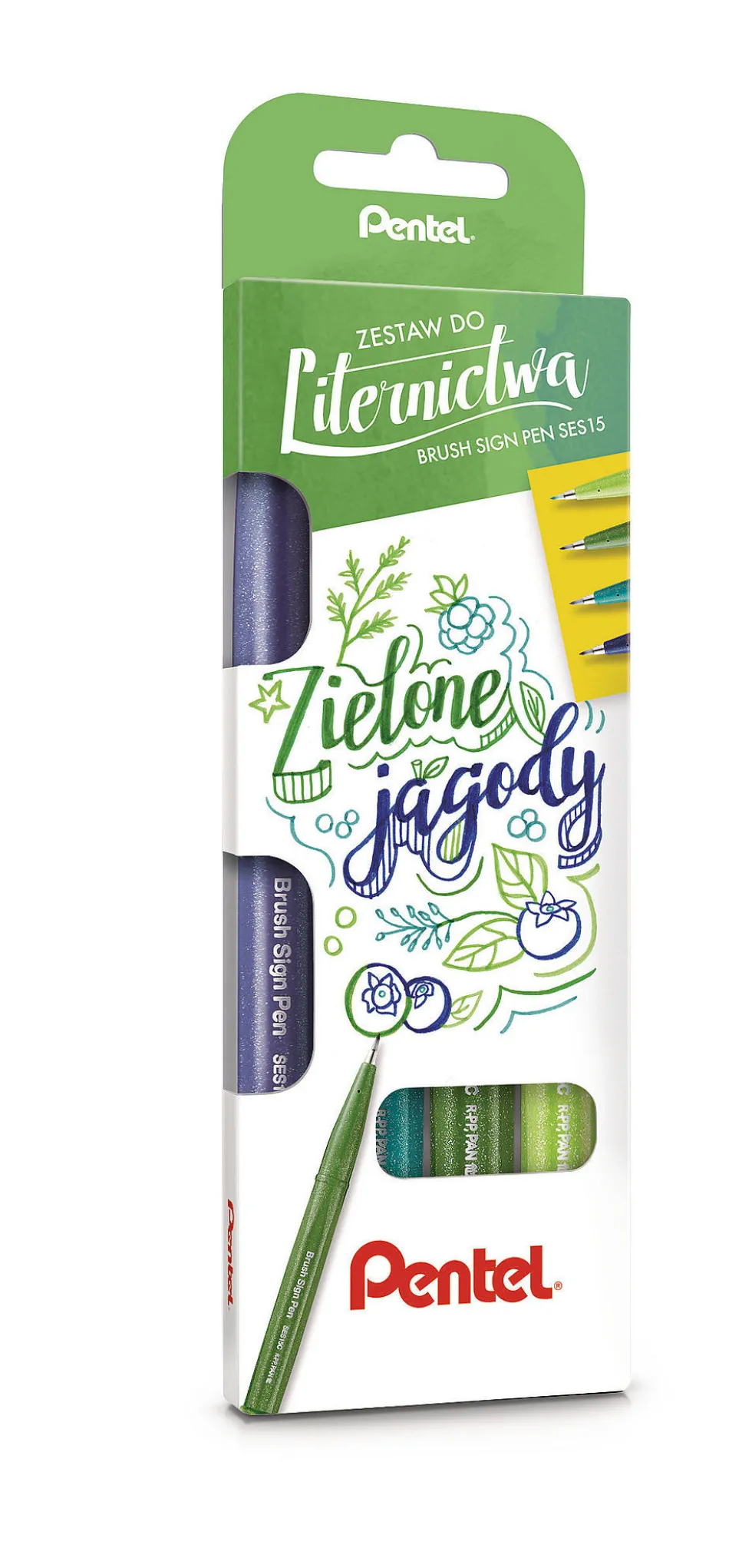 Zestaw pisaków artystycznych Brush Sign Pen - Pentel - Zielone jagody, 4 szt.