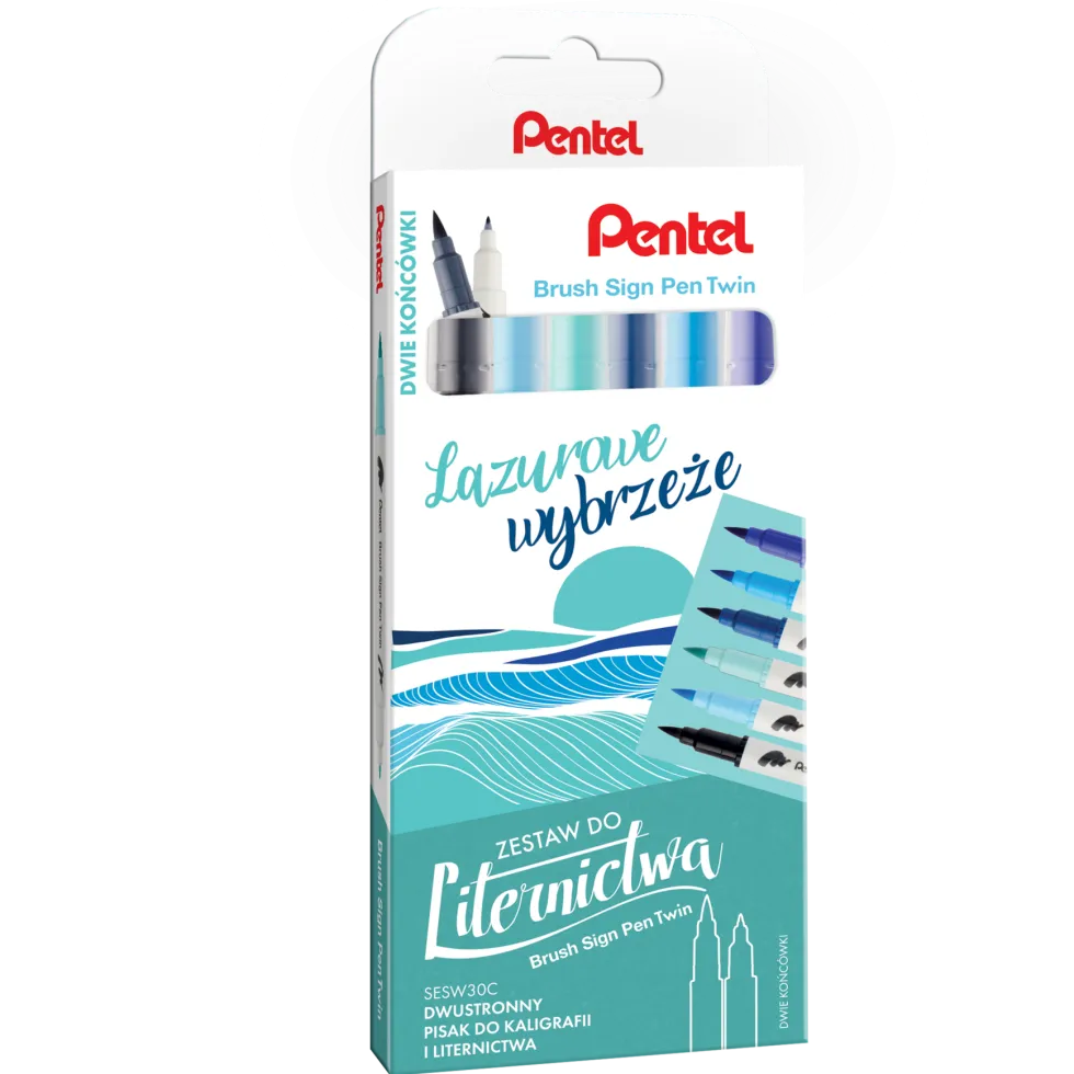 Zestaw pisaków Brush Sign Pen Twin - Pentel - Lazurowe Wybrzeże, 6 szt.