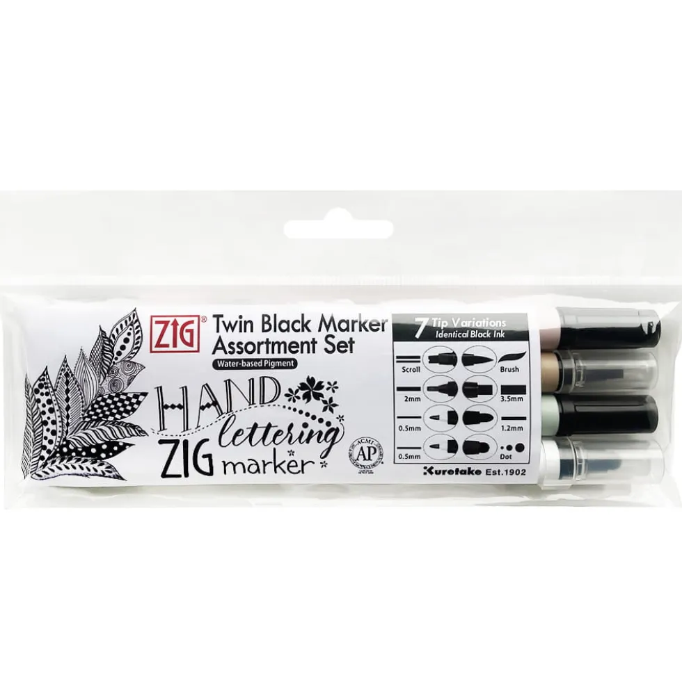 Zestaw pisaków Zig Twin Black Marker - Kuretake - 4 szt.