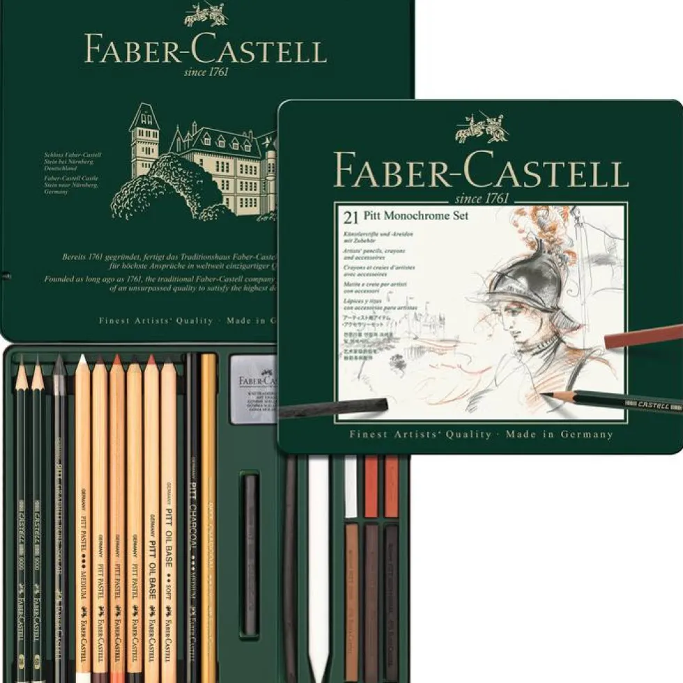 Zestaw rysunkowy Pitt Monochrome w kasecie metalowej - Faber-Castell - 21 szt.