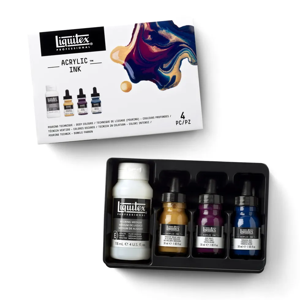 Zestaw tuszów akrylowych z medium do pouringu - Liquitex - Deep Colors, 3 x 30 ml