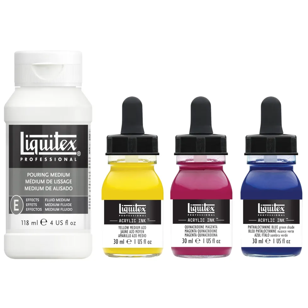 Zestaw tuszów akrylowych z medium do pouringu - Liquitex - Primary Colors, 3 x 30 ml
