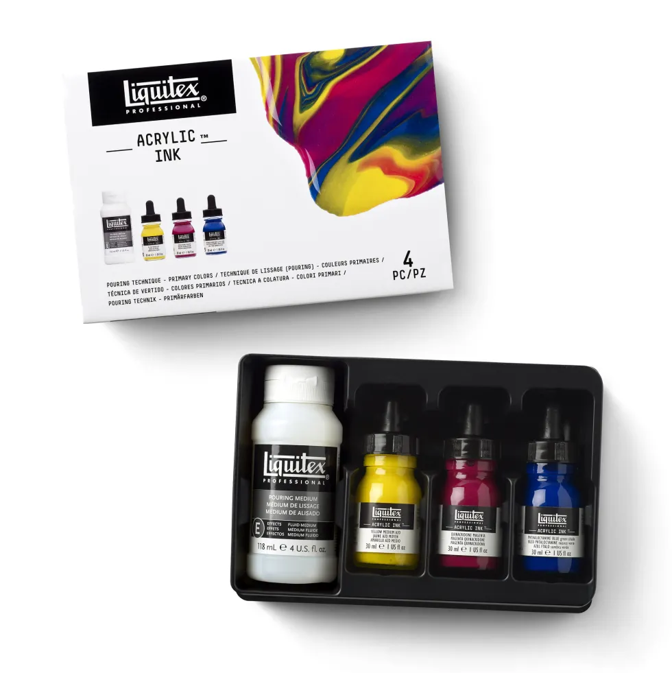 Zestaw tuszów akrylowych z medium do pouringu - Liquitex - Primary Colors, 3 x 30 ml