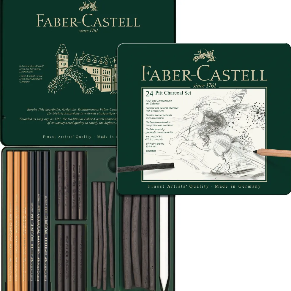 Zestaw węgli rysunkowych Pitt w kasecie metalowej - Faber-Castell - 24 szt.